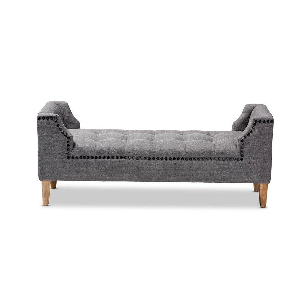 Gray Linen Fabric Upholstered Oak Brown Finished Wood Bench