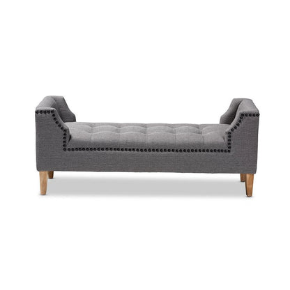 Gray Linen Fabric Upholstered Oak Brown Finished Wood Bench