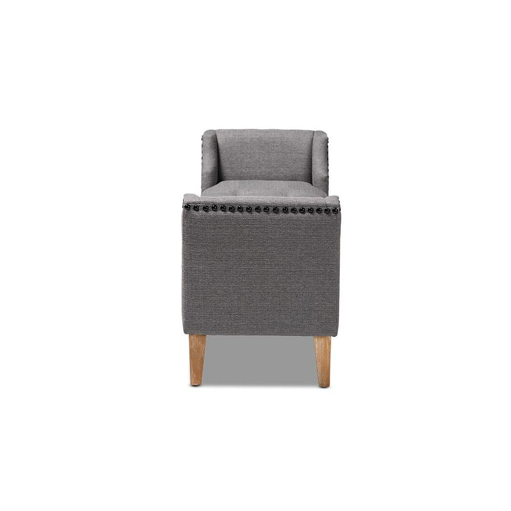 Gray Linen Fabric Upholstered Oak Brown Finished Wood Bench