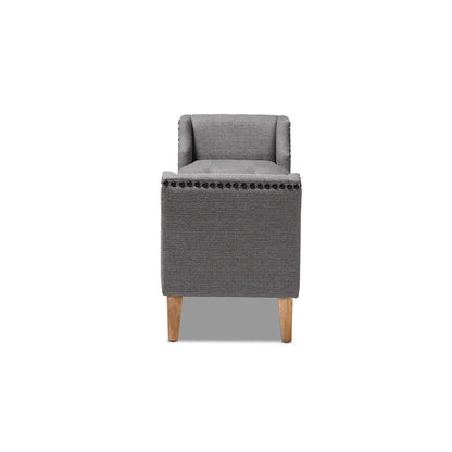 Gray Linen Fabric Upholstered Oak Brown Finished Wood Bench