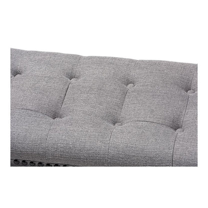 Gray Linen Fabric Upholstered Oak Brown Finished Wood Bench