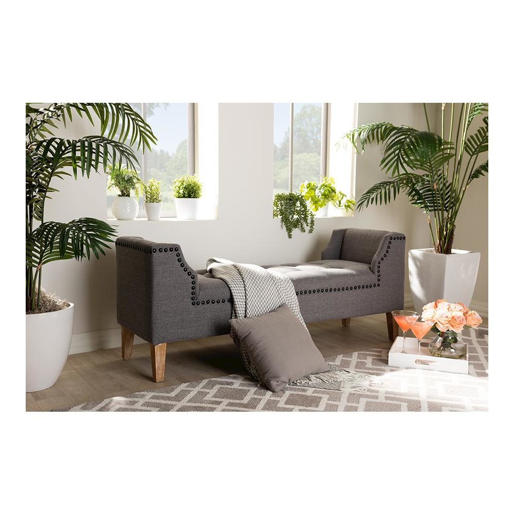 Gray Linen Fabric Upholstered Oak Brown Finished Wood Bench