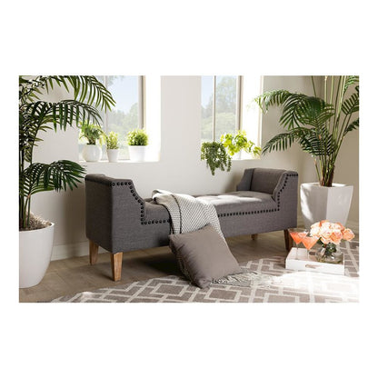 Gray Linen Fabric Upholstered Oak Brown Finished Wood Bench