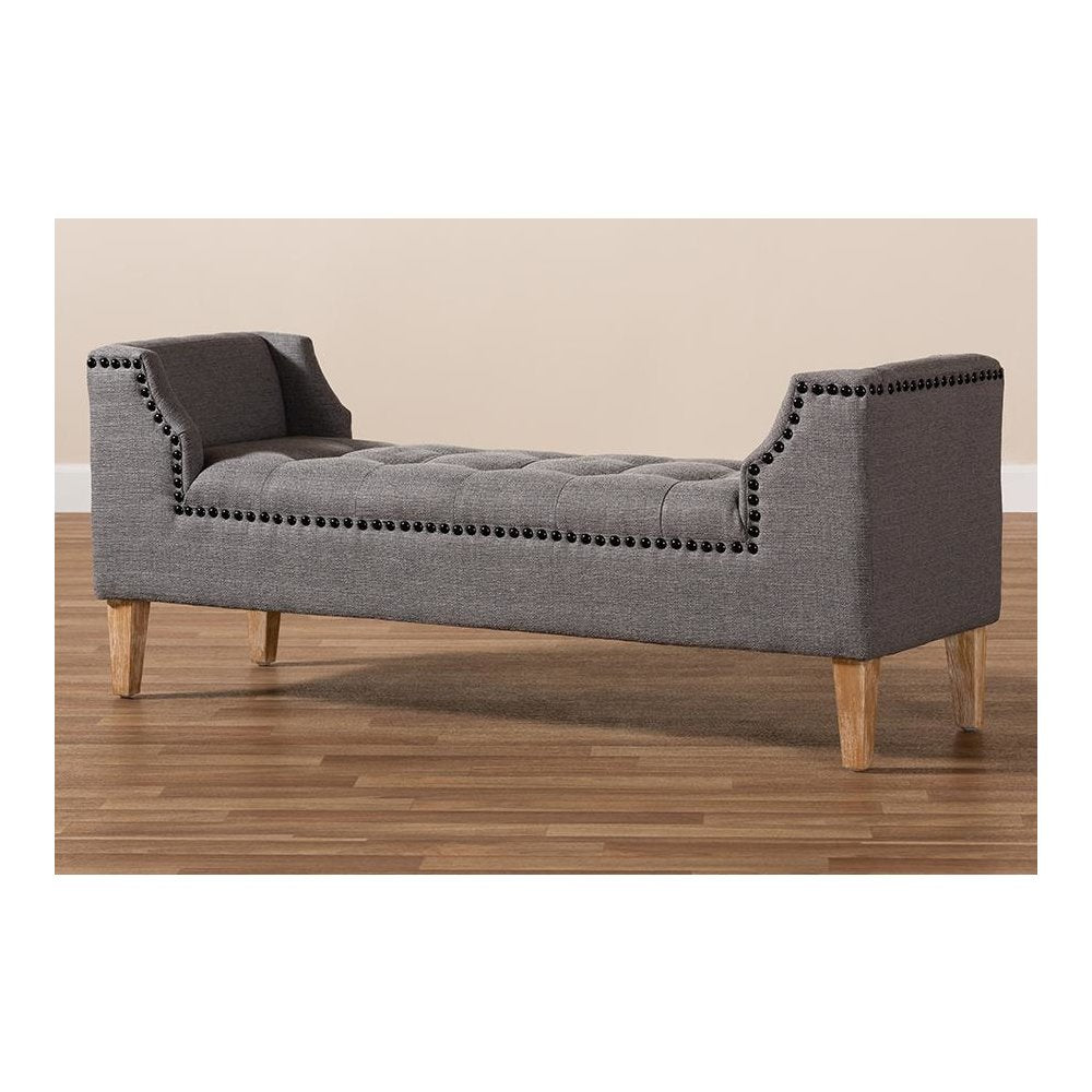 Gray Linen Fabric Upholstered Oak Brown Finished Wood Bench