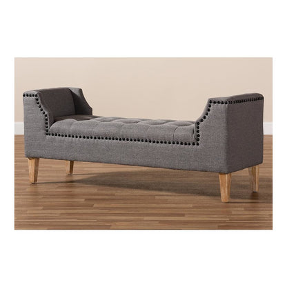 Gray Linen Fabric Upholstered Oak Brown Finished Wood Bench