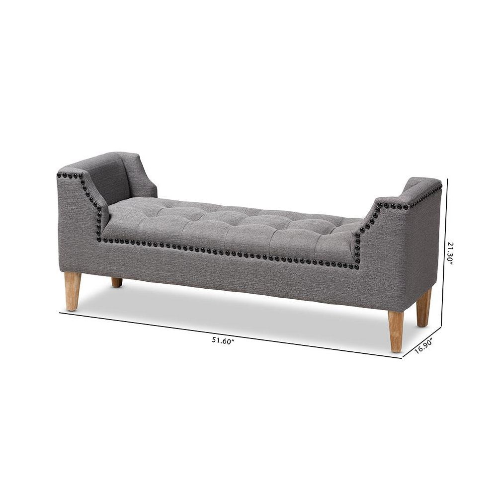 Gray Linen Fabric Upholstered Oak Brown Finished Wood Bench
