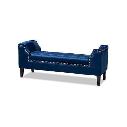 Royal Blue Velvet Fabric Upholstered Espresso Finished Wood Bench