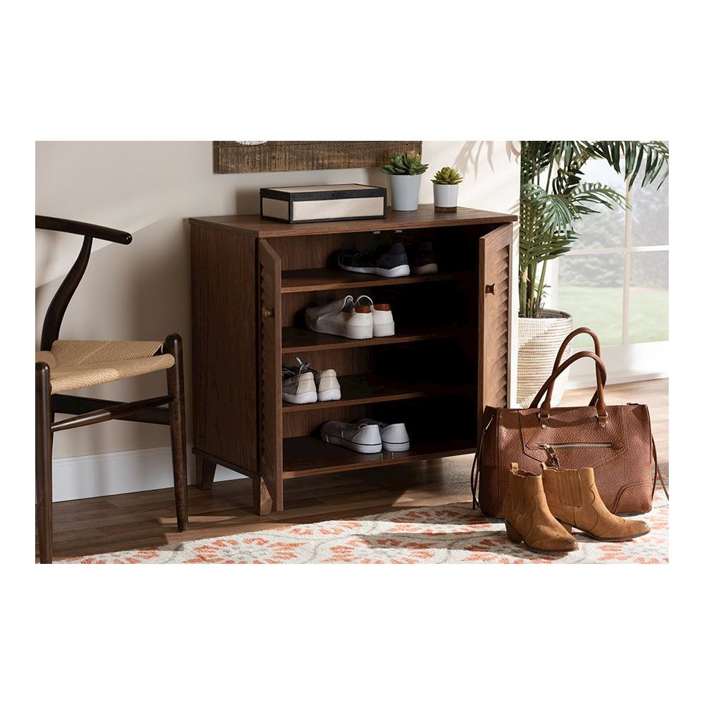 Walnut Finished 4-Shelf Wood Shoe Storage Cabinet
