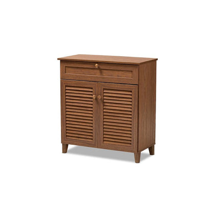 Walnut Finished 4-Shelf Wood Shoe Storage Cabinet with Drawer
