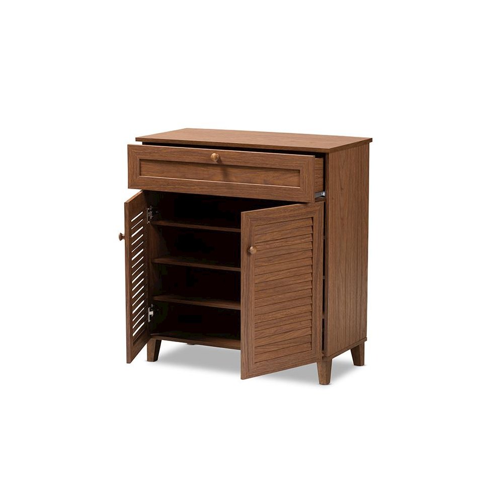 Walnut Finished 4-Shelf Wood Shoe Storage Cabinet with Drawer