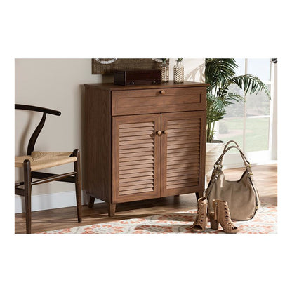 Walnut Finished 4-Shelf Wood Shoe Storage Cabinet with Drawer