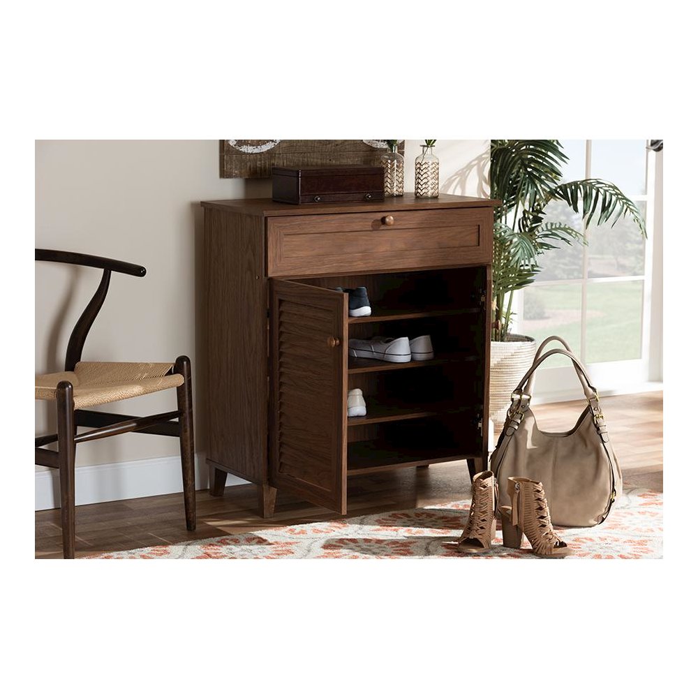 Walnut Finished 4-Shelf Wood Shoe Storage Cabinet with Drawer