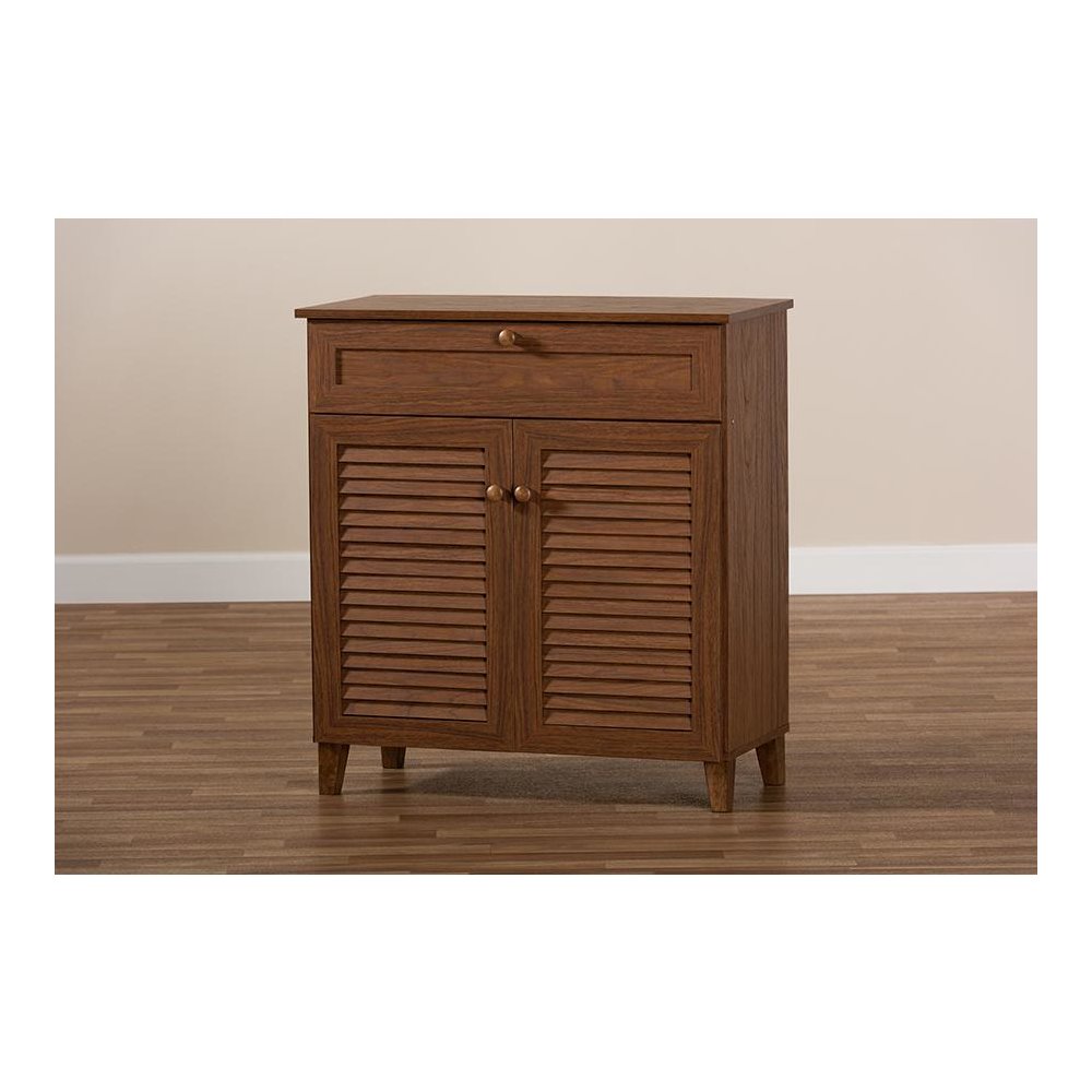 Walnut Finished 4-Shelf Wood Shoe Storage Cabinet with Drawer