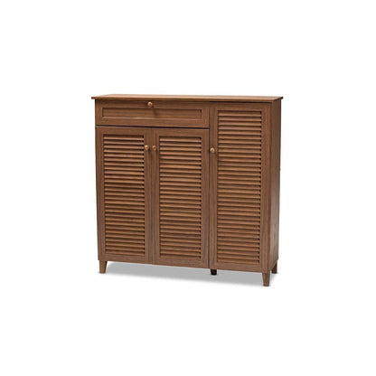 Walnut Finished 11-Shelf Wood Shoe Storage Cabinet with Drawer