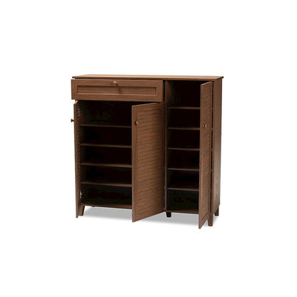 Walnut Finished 11-Shelf Wood Shoe Storage Cabinet with Drawer