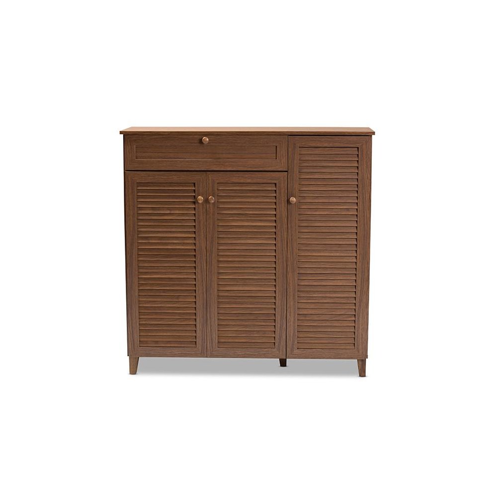 Walnut Finished 11-Shelf Wood Shoe Storage Cabinet with Drawer