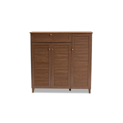 Walnut Finished 11-Shelf Wood Shoe Storage Cabinet with Drawer