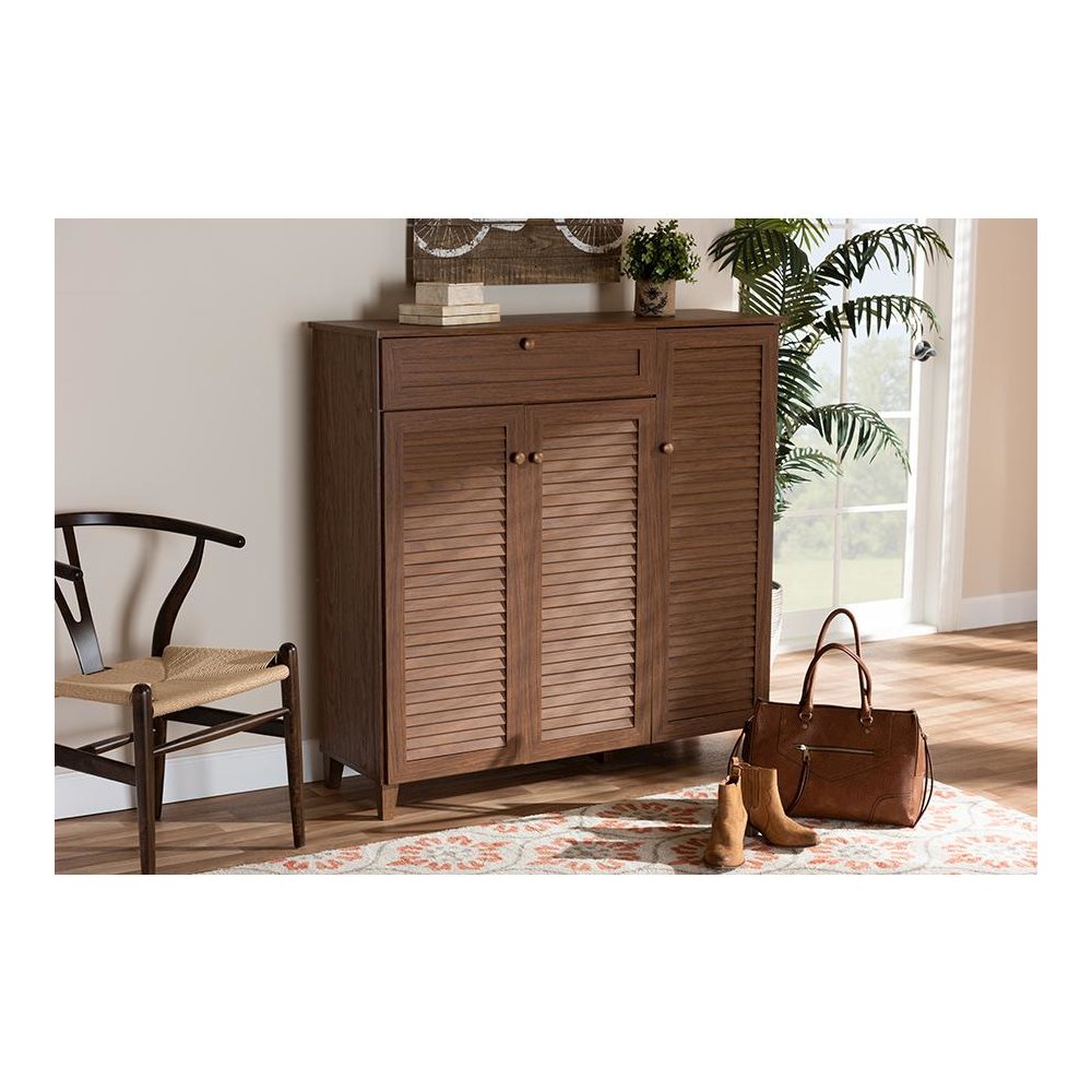 Walnut Finished 11-Shelf Wood Shoe Storage Cabinet with Drawer
