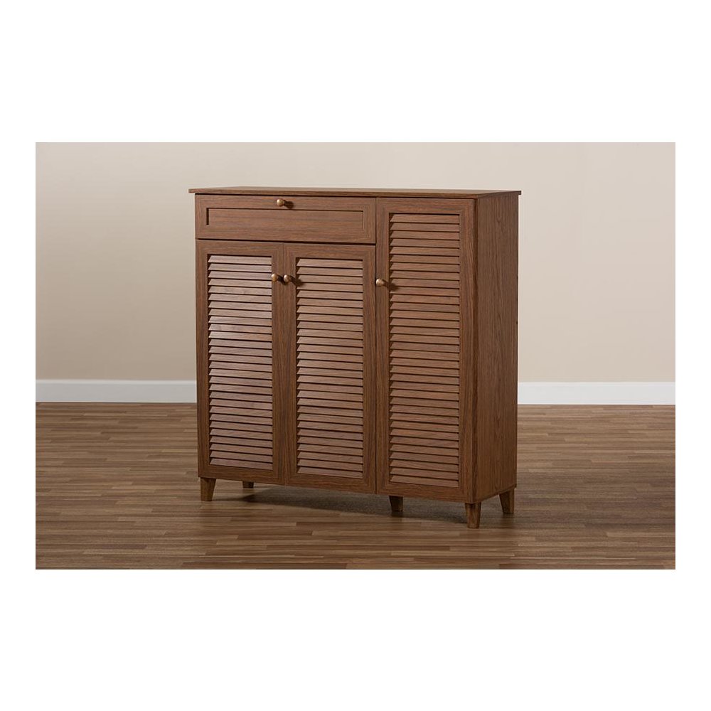 Walnut Finished 11-Shelf Wood Shoe Storage Cabinet with Drawer