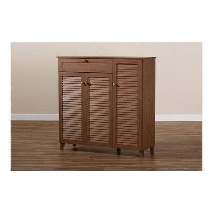 Walnut Finished 11-Shelf Wood Shoe Storage Cabinet with Drawer