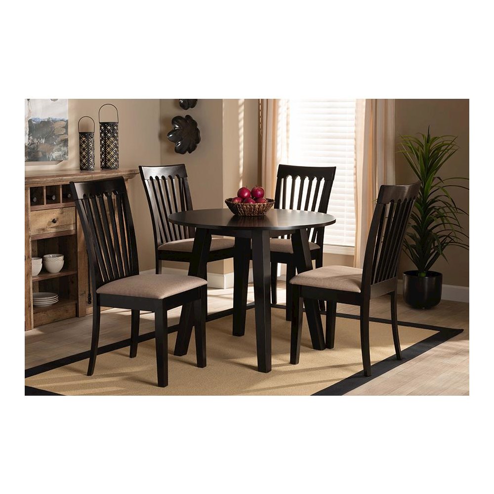 Sand Fabric Upholstered and Dark Brown Finished Wood 5-Piece Dining Set