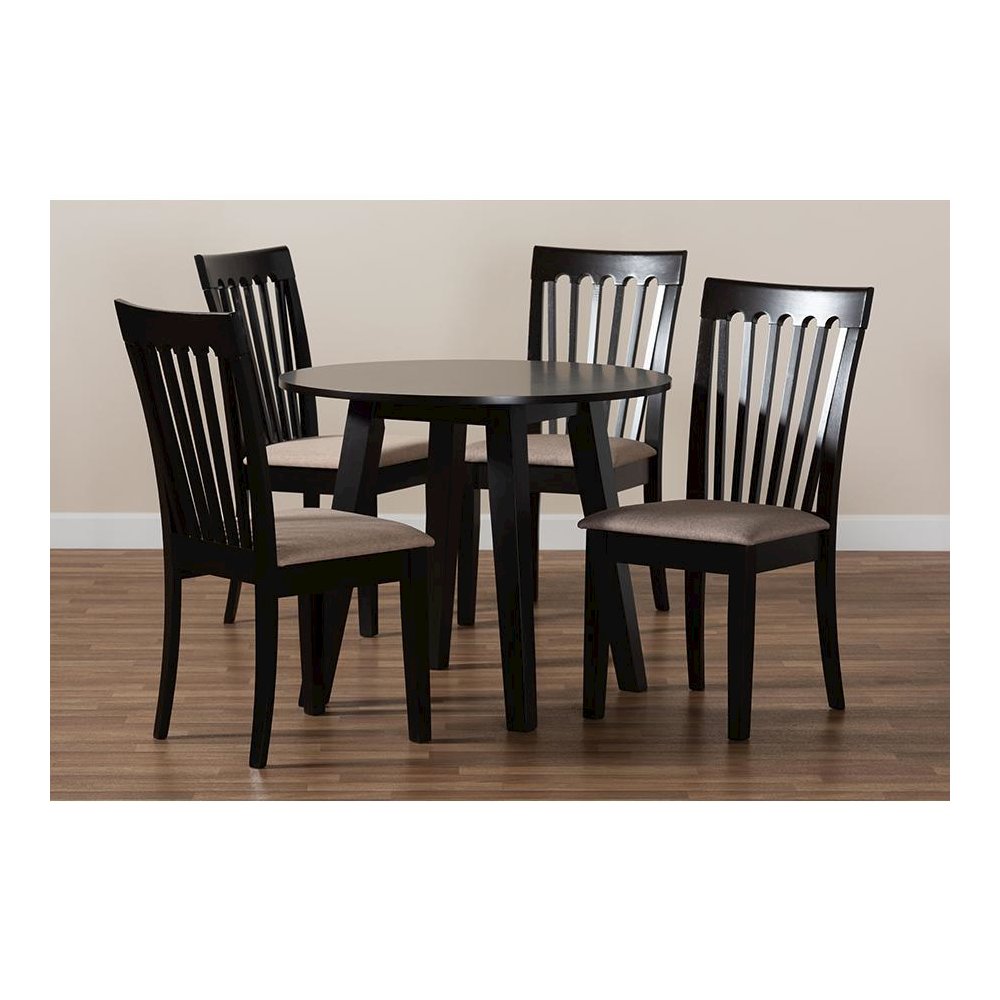 Sand Fabric Upholstered and Dark Brown Finished Wood 5-Piece Dining Set