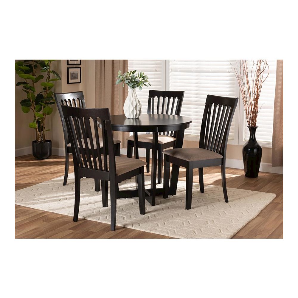 Sand Fabric Upholstered and Dark Brown Finished Wood 5-Piece Dining Set