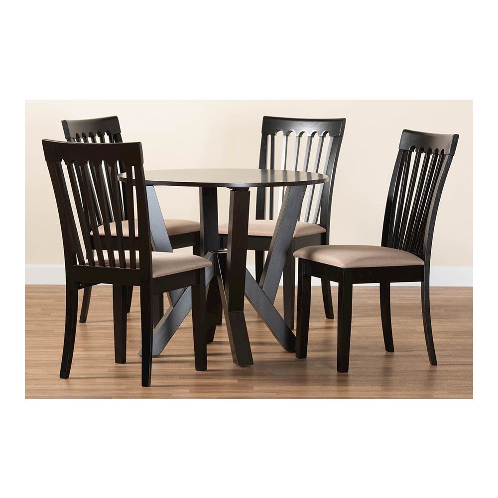 Marian Modern Sand Fabric and Dark Brown Finished Wood 5-Piece Dining Set