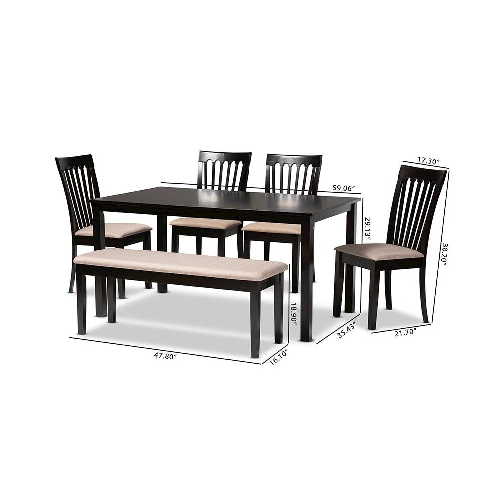 Sand Fabric Upholstered and Dark Brown Finished Wood 6-Piece Dining Set