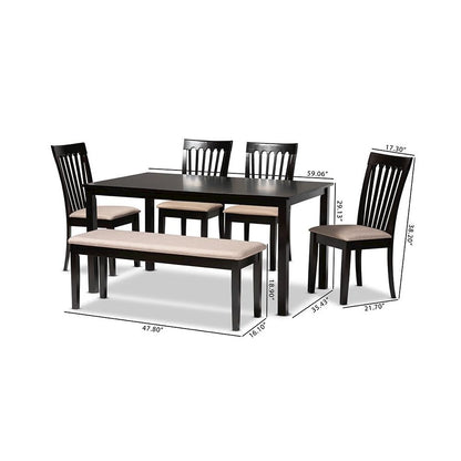 Sand Fabric Upholstered and Dark Brown Finished Wood 6-Piece Dining Set
