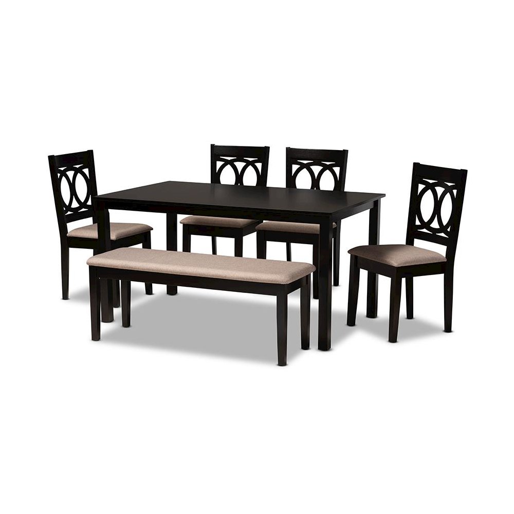 Sand Fabric Upholstered and Dark Brown Finished Wood 6-Piece Dining Set