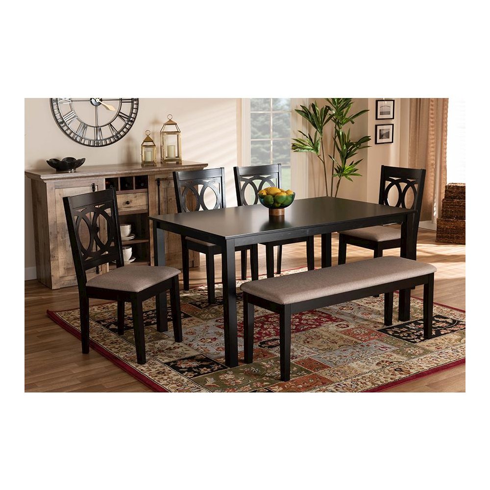 Sand Fabric Upholstered and Dark Brown Finished Wood 6-Piece Dining Set
