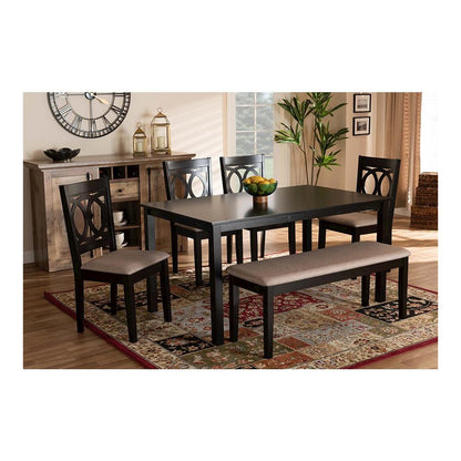 Sand Fabric Upholstered and Dark Brown Finished Wood 6-Piece Dining Set