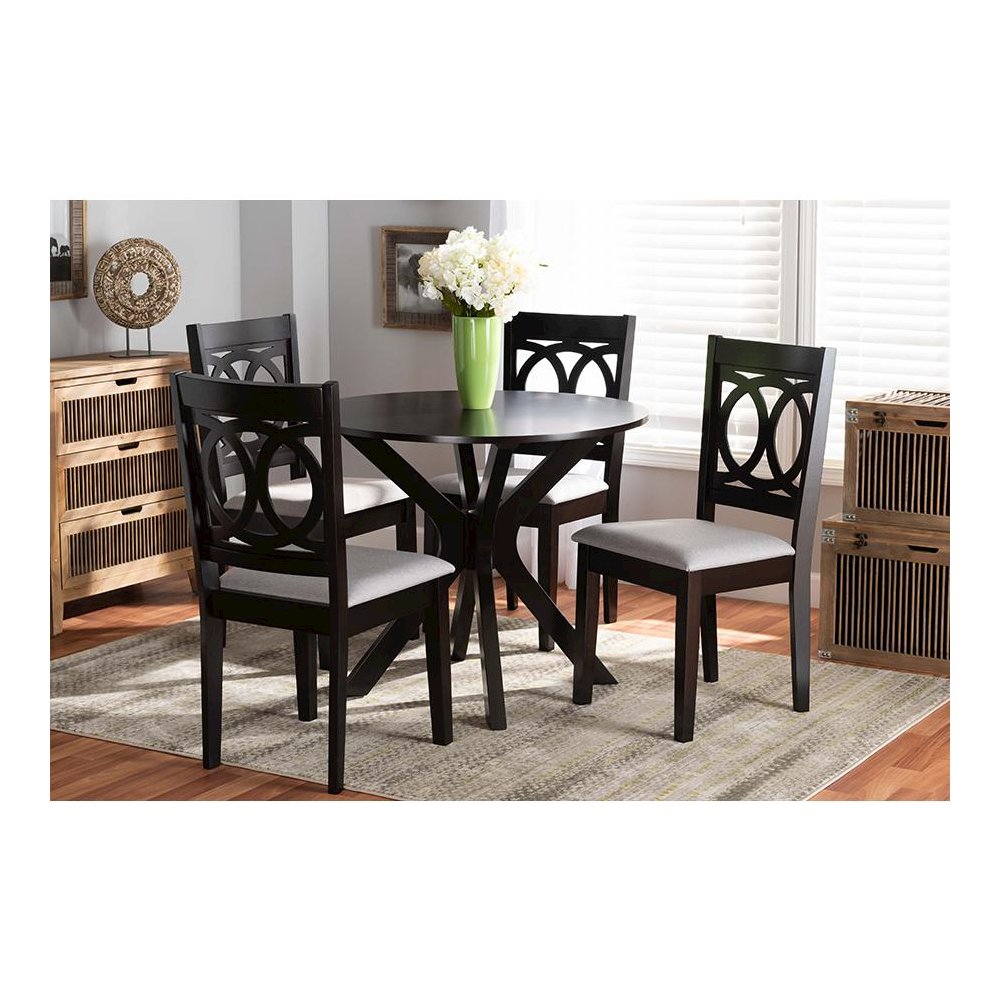 Grey Fabric Upholstered and Dark Brown Finished Wood 5-Piece Dining Set