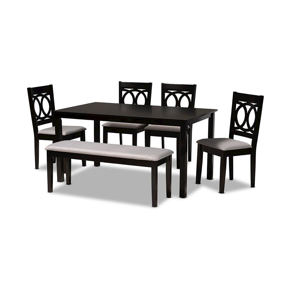 Grey Fabric Upholstered and Dark Brown Finished Wood 6-Piece Dining Set