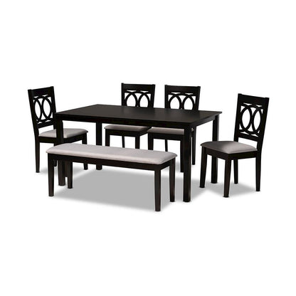 Grey Fabric Upholstered and Dark Brown Finished Wood 6-Piece Dining Set