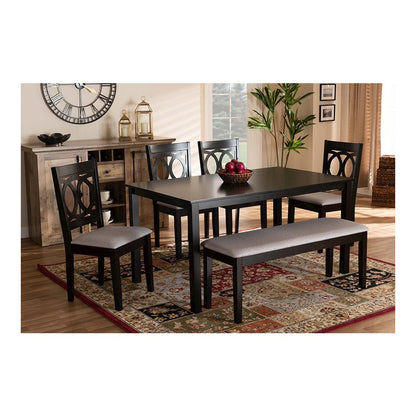 Grey Fabric Upholstered and Dark Brown Finished Wood 6-Piece Dining Set