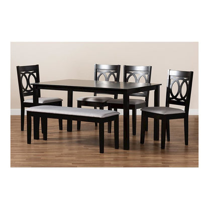 Grey Fabric Upholstered and Dark Brown Finished Wood 6-Piece Dining Set