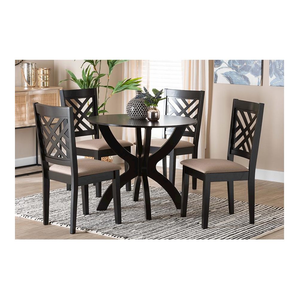 Edona Modern Sand Fabric and Walnut Brown Finished Wood 5-Piece Dining Set