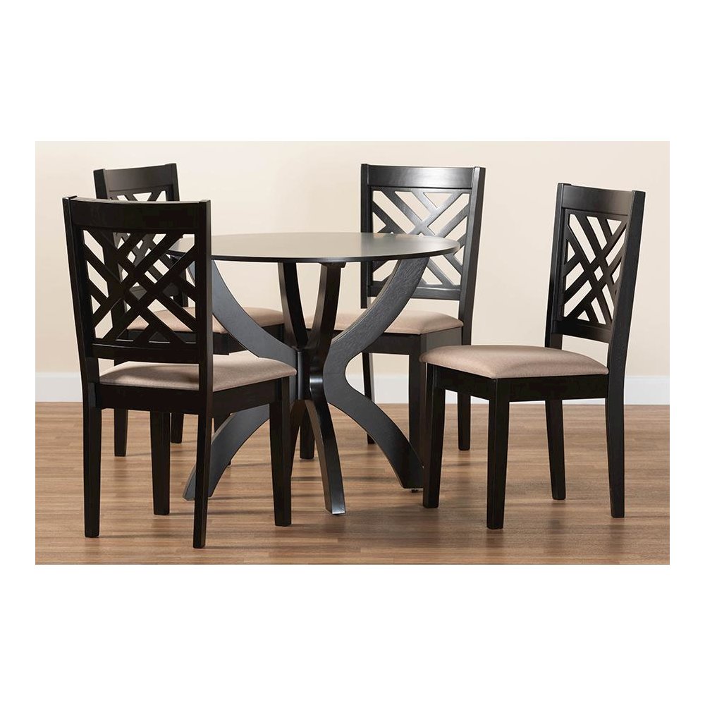 Edona Modern Sand Fabric and Walnut Brown Finished Wood 5-Piece Dining Set