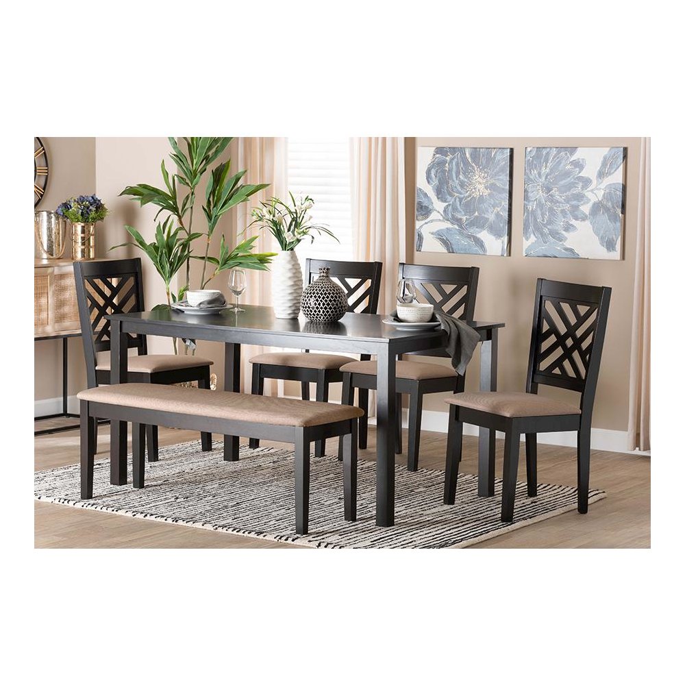 Gustavo Modern Sand Fabric and Walnut Brown Finished Wood 6-Piece Dining Set