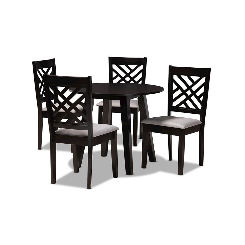 Grey Fabric Upholstered and Dark Brown Finished Wood 5-Piece Dining Set