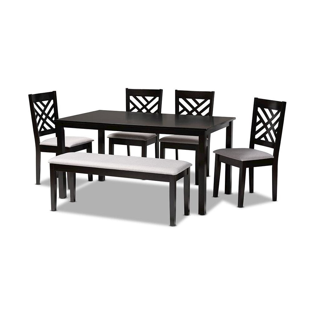 Grey Fabric Upholstered and Dark Brown Finished Wood 6-Piece Dining Set