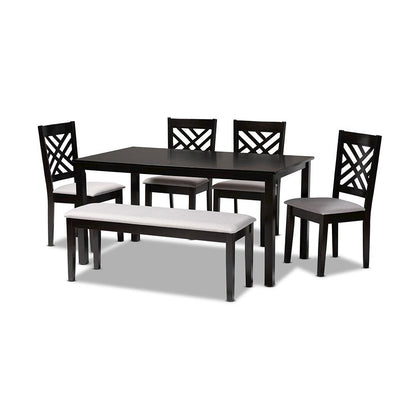 Grey Fabric Upholstered and Dark Brown Finished Wood 6-Piece Dining Set
