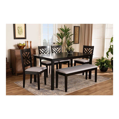 Grey Fabric Upholstered and Dark Brown Finished Wood 6-Piece Dining Set