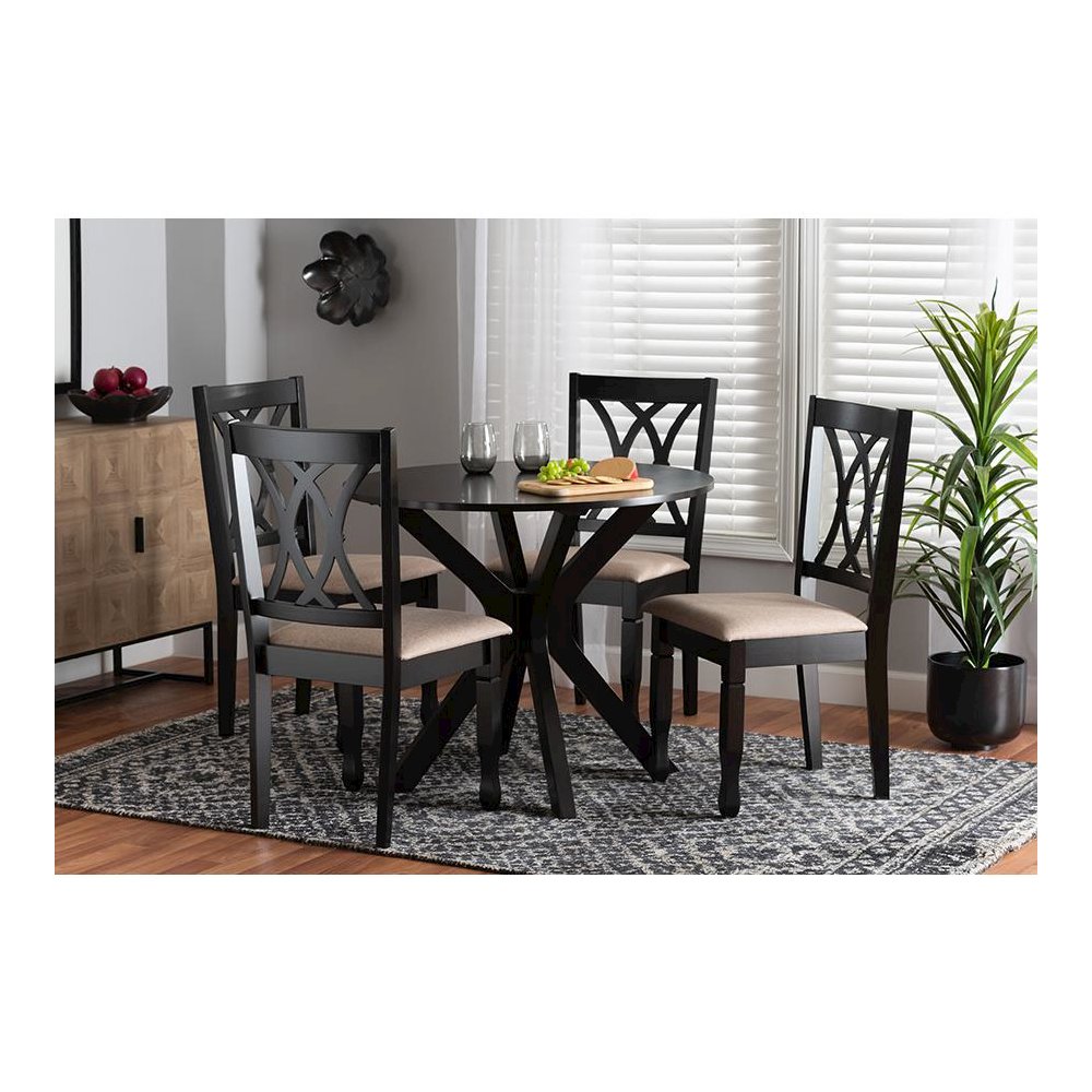 Maya Modern Beige Fabric and Espresso Brown Finished Wood 5-Piece Dining Set