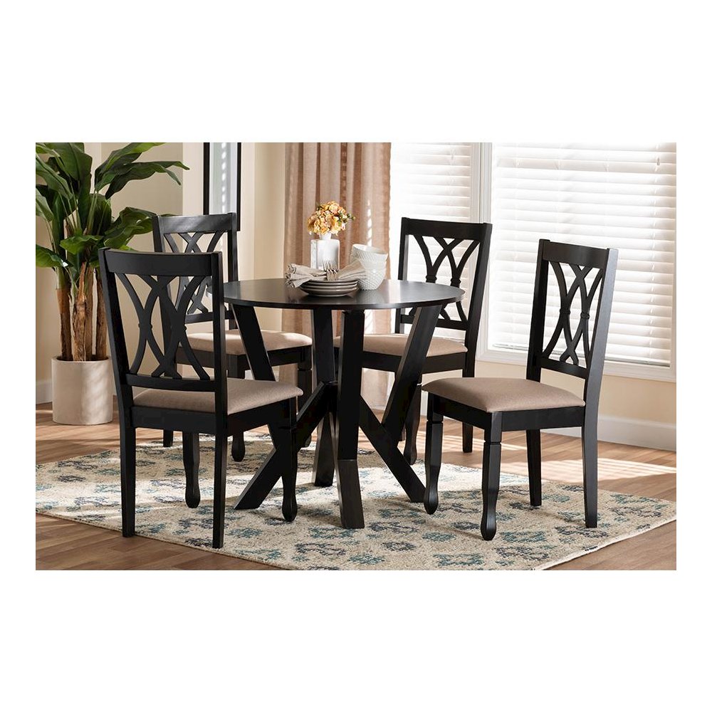 Irene Modern Sand Fabric and Dark Brown Finished Wood 5-Piece Dining Set