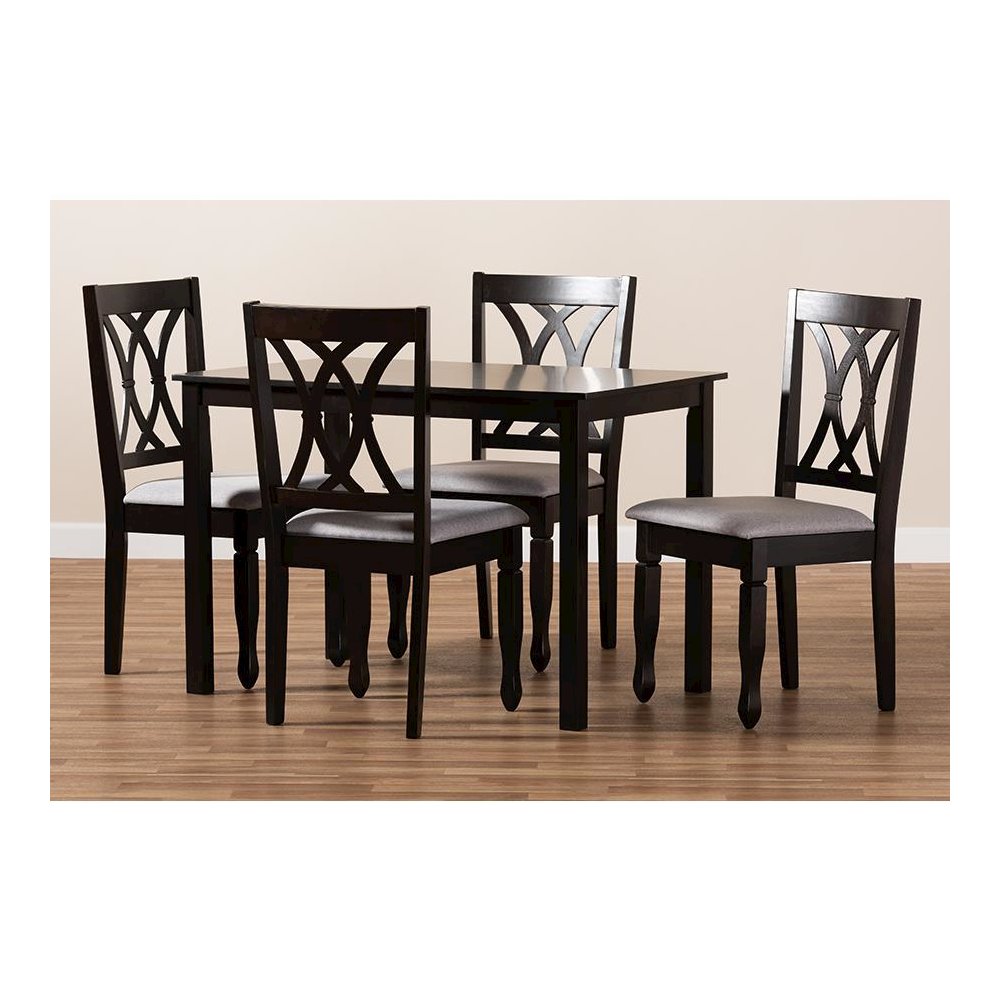 Gray Fabric Upholstered Espresso Brown Finished Wood 5-Piece Dining Set