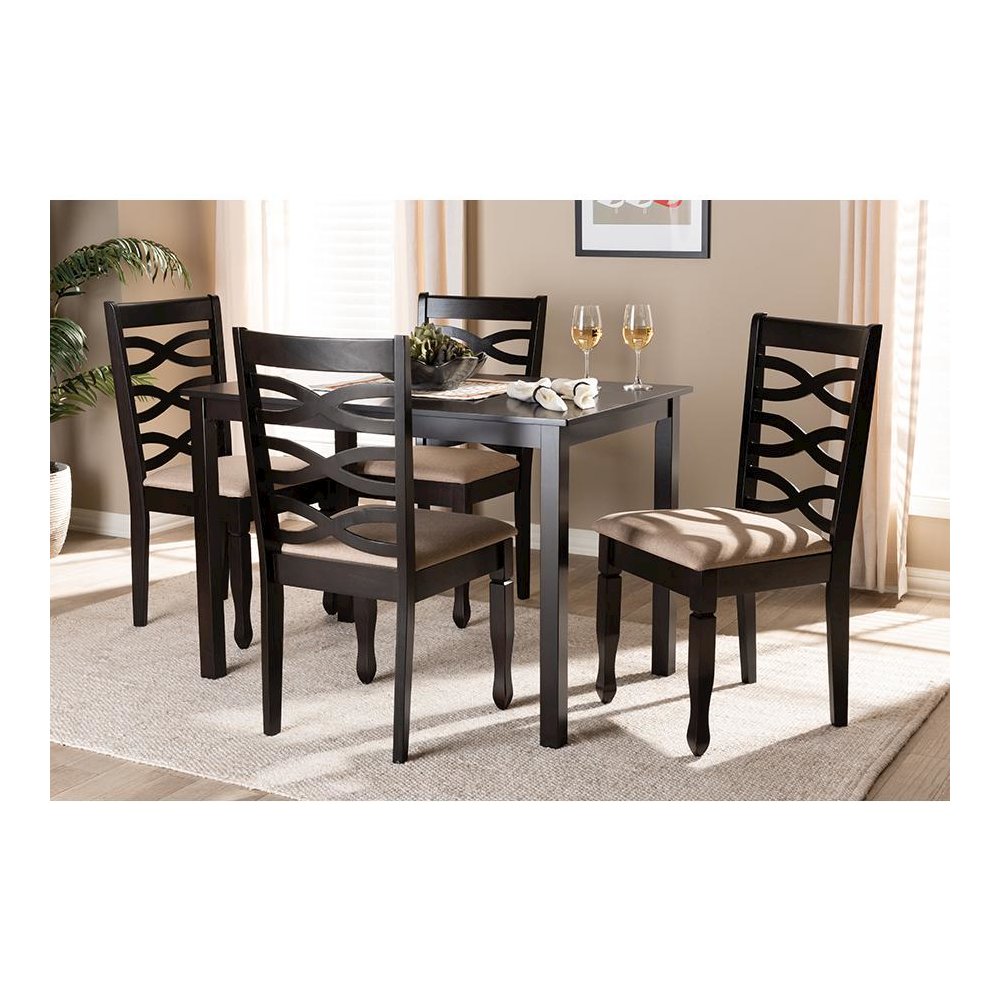 Sand Fabric Upholstered Espresso Brown Finished Wood 5-Piece Dining Set