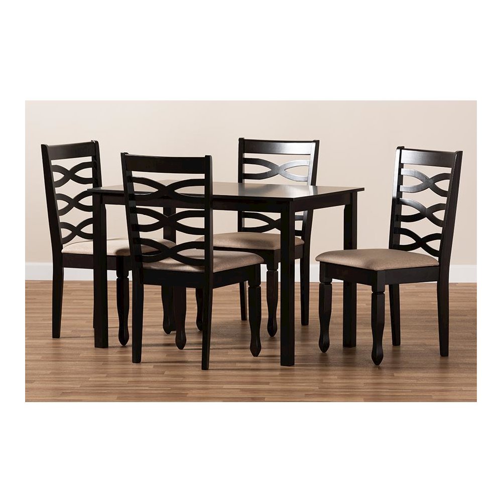 Sand Fabric Upholstered Espresso Brown Finished Wood 5-Piece Dining Set